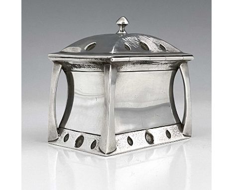 William Hutton and Sons, an Arts and Crafts silver tea caddy, London 1903, waisted cuboid form with corner buttress straps, e