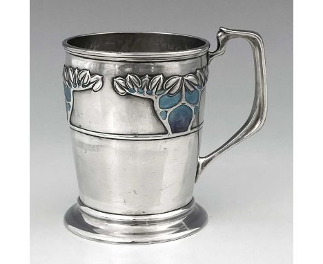 Kate Harris for William Hutton and Sons, an Arts and Crafts silver and enamelled mug, London 1903, footed barrel form, emboss