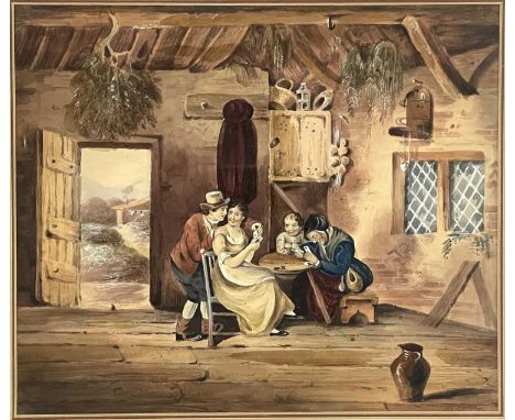 Nicholas Condy (British, 1793-1857), a rustic interior with a family group playing cards, signed l.r., watercolour, 18 by 21c