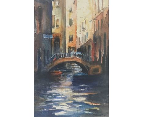 Michael Aubrey (British, 20th Century), Backwater in Venice, signed l..r, titled verso, watercolour, 35 by 22cm, framed