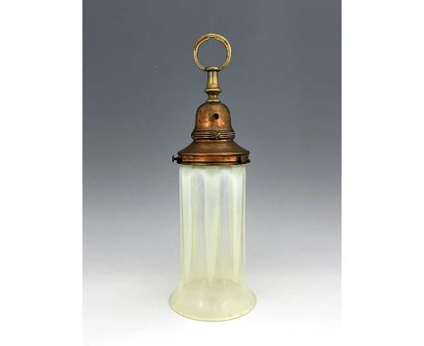 An Arts and Crafts vaseline glass pendant light shade, cylindrical form with flared rim, optic moulded with opaque lappets, i
