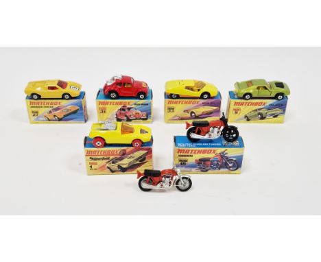 Six boxed Matchbox Superfast diecast model cars to include No.1 Mod Rod, No.9 AMX Javelin, No.18 Hondarora (containing two bi