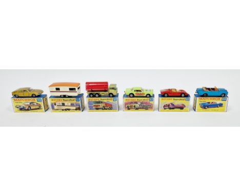 Six boxed Matchbox Superfast diecast model cars to include No.56 BMC 1800 Pininfarina, No.57 Trailer Caravan, No.58 DAF Girde