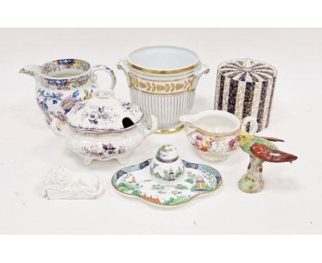 Crown Staffordshire ceramic inkwell&nbsp;with quatrefoil tray, Victorian china cream jug, floral spray painted, a 19th centur