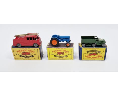 Three boxed Matchbox Series by Lesney&nbsp;diecast model cars&nbsp;to include No.72 Fordson Tractor, No.9 Fire Escape and No.