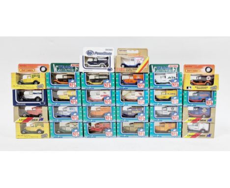 Collection of boxed Matchbox diecast advertising vans including 17 limited edition NFL NFL-90 vans, Baltimore Orioles van, 4 