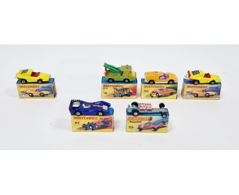 Six boxed Matchbox Superfast diecast model cars&nbsp;to include 2 X No. 58 Woosh-N-Push, No.61 Blue Shark, No.64 Slingshot Dr