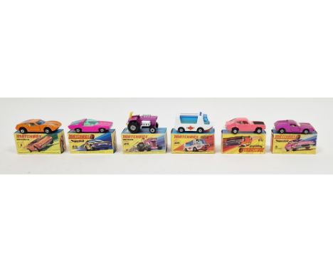 Six boxed Matchbox Superfast diecast model cars&nbsp;to include No.3 Montercerdi Hai, No.5 Lotus Europa, No.25 Mod Tractor, N