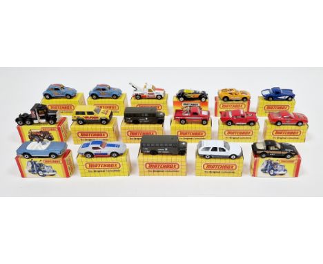 Quantity of boxed Matchbox diecast model cars to include MB27 Jeep Cherokee, MB4 '57 Chevy, MB12 '82 Firebird S/E, MB21 GMC W