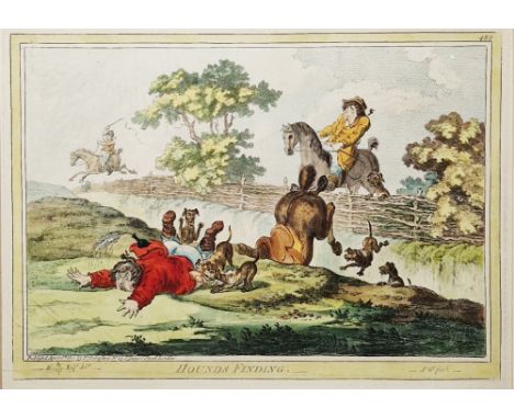 After James Gillray (1756-1815) Etching with contemporary hand colouring "Hounds Finding" and "Hounds in Full Cry", framed an