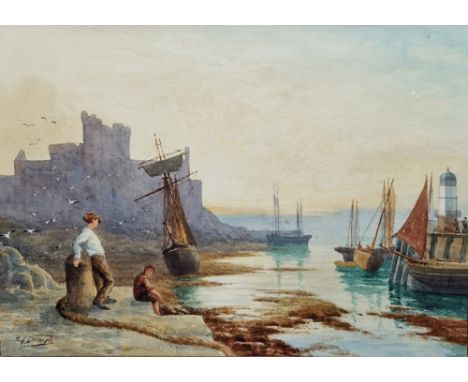 Edward Christian Quayle (1871-1946) Watercolour Peel Harbour, Isle of Man, harbour scene with figures, Peel Castle beyond, si