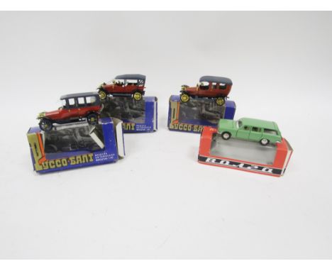 Three boxed Russobalt 1:43 scale diecast model cars together with a Volga&nbsp;boxed 1:43 diecast model car all made in the U