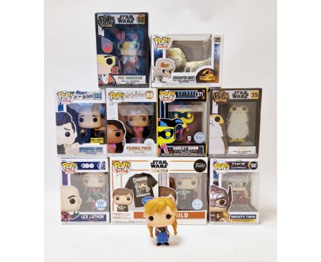 Nine boxed Funko Pop! vinyl figures including No.99 Padma Patil, No. 472 Lex Luther, No. 371 Harley Quinn black light, No.104
