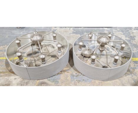 Pair of Laura Ashley six branch central light fittings, silvered finish with grey fabric shades, each appoximately 56cm diame