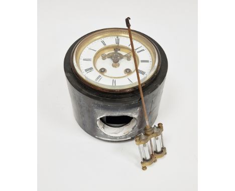 A late 19th century slate-mounted mantle clock (part) and a mercury pendulum with two vials, the clock 17.5cm diam.&nbsp;