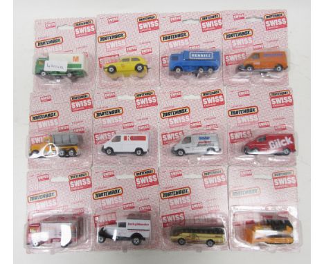 Twelve boxed Matchbox Superfast Swiss Collection diecast model cars to include 4 X Ford Transit van, 3 X Volvo, Buldozer, etc