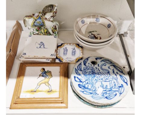 Two Eastern pottery wall plaques decorated in underglaze blue with animals and figures, another, turquoise glazed, framed pot
