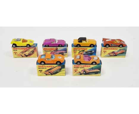 Six Boxed Matchbox Superfast diecast model cars to include No.1 Mod Rod, No.3 Monteverdi Hai, No.4 Gruesome Twosome, No.5 Lot