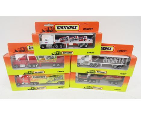 Five boxed&nbsp;Matchbox Convoy diecast models&nbsp;to include Pepsi Lorry, Matchbox, Harley-Davidson, Hershey's and Heinz To