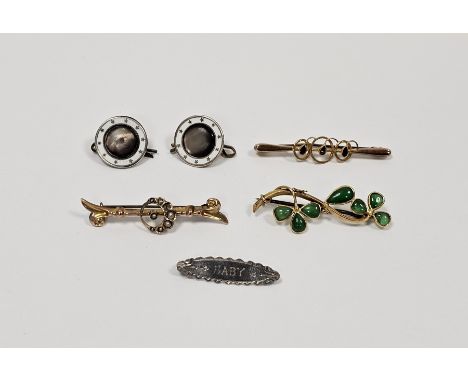 9ct gold and seedpearl bar brooch mounted with a crescent, a gold-coloured metal and jade bar brooch&nbsp;with scrolling leav
