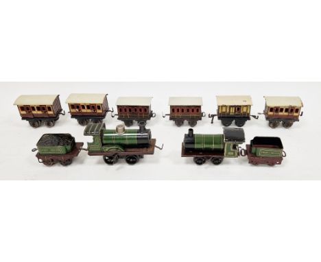 Gebruder Bing tinplate clockwork 0 gauge model railway set comprising locomotive/engine no.3410, tender, and six passenger ca