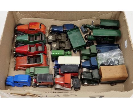 Fifteen Tri-ang Minic clockwork vehicles including tinplate steam engine and traction engine, four trucks (one lacking traile