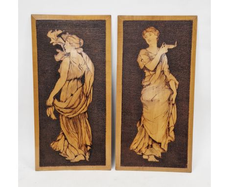 Pair of Arts &amp; Crafts late 19th / early 20th century walnut hanging wall panels, both with pokerwork decoration depicting