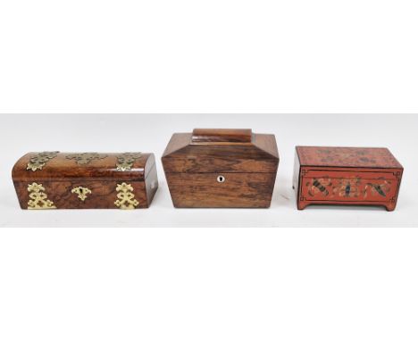 Early 19th century rosewood tea caddy of sarcophagus form, the hinged lid opening to two lidded compartments, 22cm long toget