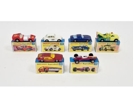 Six boxed Matchbox Superfast diecast model cars&nbsp;to include No.13 Dodge Wreck Truck, No.14 Iso Grifo, No.15 Volkswagen (w