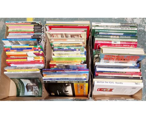 Six boxes of mainly hardback books mostly relating to model railways, railways and toys together with six boxes of DVDs and v