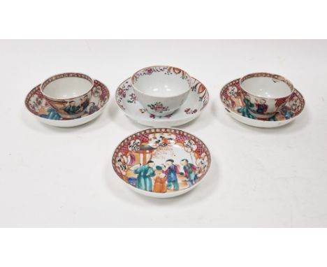 Pair Chinese porcelain tea bowls and three matching saucers, all painted with famille rose colours with figures in garden, pi