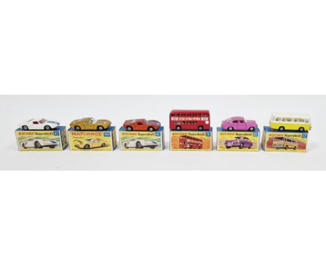 Six boxed Matchbox Superfast diecast model cars&nbsp;to include No.12 Setra Coach, No.33 Lamborghini Mira P400, No. 41 Ford G
