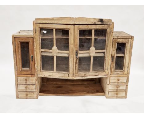 Art Deco continental pine dresser top&nbsp;with two central glazed doors opening to shelves, over a pot shelf flanked either 