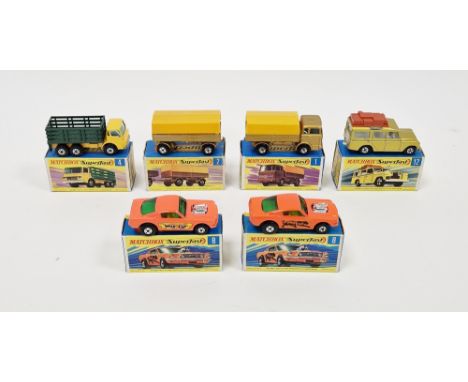 Six boxed Matchbox Superfast diecast model cars to include No.1 Mercedes Truck, No.2 Mercedes Trailer, No.4 Stake Truck, No.8