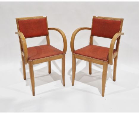 Pair of early to mid 20th century beech wood fauteuil bridge chairs&nbsp;with orange vinyl upholstered back and seat, curved 