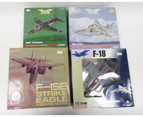 Four boxed diecast model airplanes, 1:72 scale, including Corgi 'The Aviation Archive' British Aerospace Hawk and SEPECAT Jag