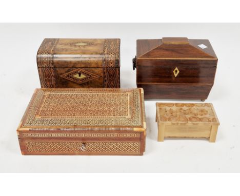 Victorian rosewood sarcophagus-shaped tea caddy&nbsp;with twin brass handles, raised on bun feet&nbsp;a late 19th/early 20th 