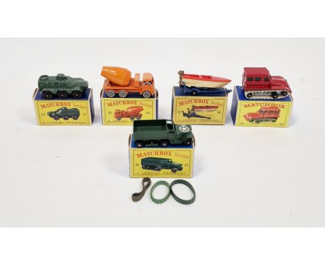 Five boxed Matchbox Series by Lesney&nbsp;diecast model cars&nbsp;to include No. 26 Cement Lorry, No.35 Snow-Trac, No.48 Trai
