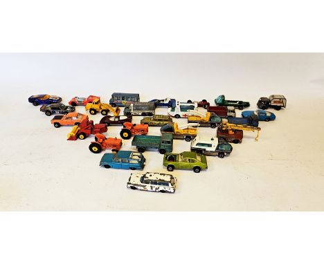 Collection of diecast loose playworn cars and vehicles including Matchbox series Lesney, Corgi Juniors, Whizzwheels, Matchbox