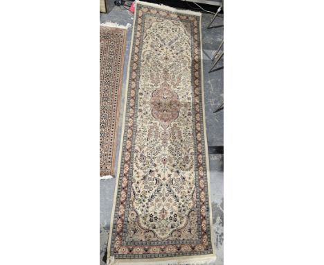 Pakistani Kashan beige&nbsp;double knotted&nbsp;wool&nbsp;ground runner,&nbsp;with central floral medallion on floral field a