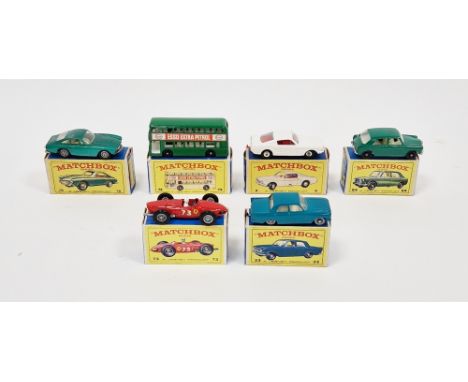 Six boxed Matchbox Series diecast model cars&nbsp;to include No.8 Ford Mustang, No.33 Ford Zephyr, No.64 M.G. 1100, No.73 Fer