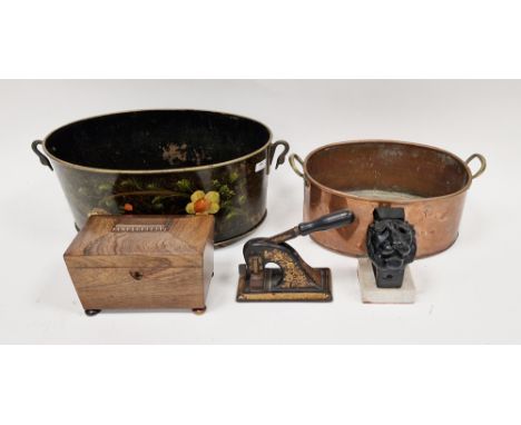 Mixed lot including a toleware painted planter with swan's head handles, 48cm long, a copper oval cooking pot with brass loop