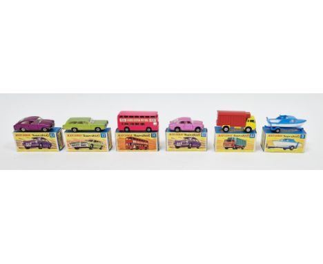 Six boxed Matchbox Superfast diecast model cars to include No.9 Boat and Trailer, No.44 Refrigerator Truck, No.67 Volkswagen 