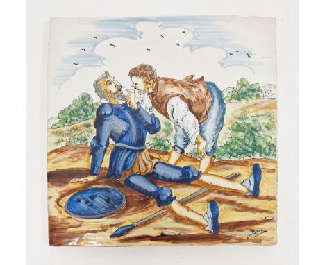 Continental glazed and painted terracotta large tile&nbsp;with two 17th century male figures in a field, signed 'Boix', 30cm 