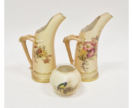 Pair Royal Worcester blush apricot porcelain jugs&nbsp;with branch handles and floral decorated, no.1116 pattern, 19cm high a