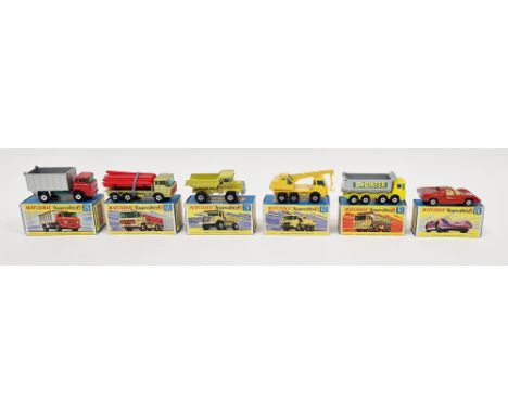 Six boxed Matchbox Superfast diecast model cars&nbsp;to include No.26 GMC Tipper Truck, No.28 Mack Dump Truck, No.51 8 Wheel 