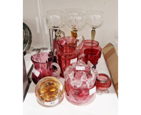 Collection of Victorian cranberry glass, including a silver rimmed salt, four harlequin engraved wine glasses, a Caithness bu