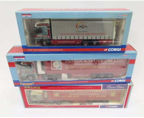 Three boxed Corgi limited edition diecast 1:50 scale models to include CC13611 DAF CF Curtainside Lorry Pollock (Scotrans) Lt
