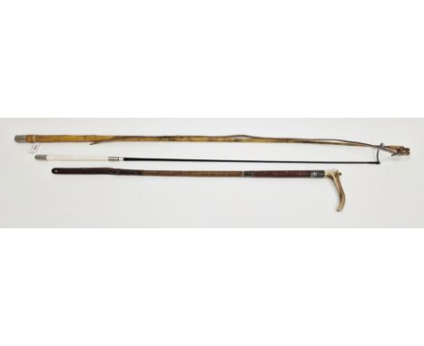 Early 20th century hunting crop&nbsp;with antler handle, double silver collars, leather grip and leather plaited shaft, 74cm 