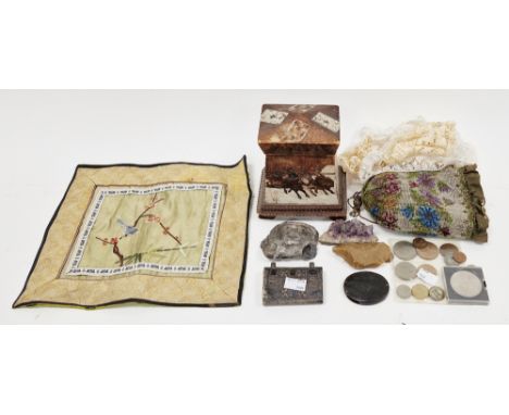 Mixed lot of collectable items including Russian wooden playing card box decorated with a scene of a troika, Chinese embroide